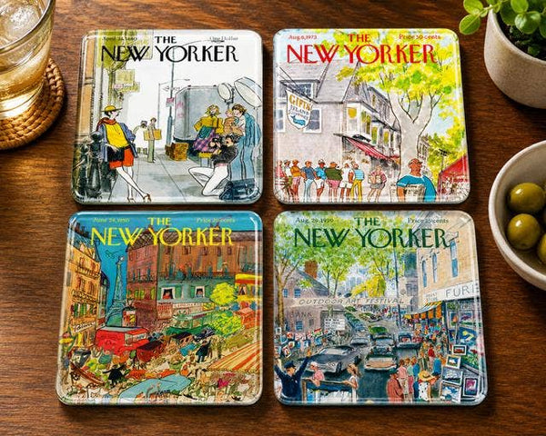 The Tray Girl Glass Coaster Set of 4 -New Yorker and Mr & Mrs - Choose your style