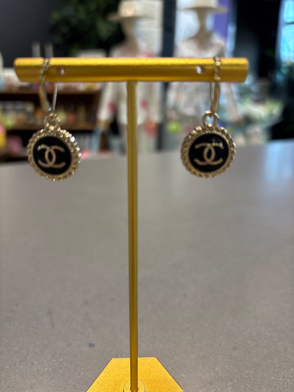 Up cycled Chanel cc small round black hoop earrings
