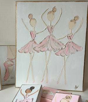 Ballerina Trio | canvas art recital dance ballet nutcracker: White back & pink dress / 16x20-inch standard profile canvas / Light skin & lt. brown hair