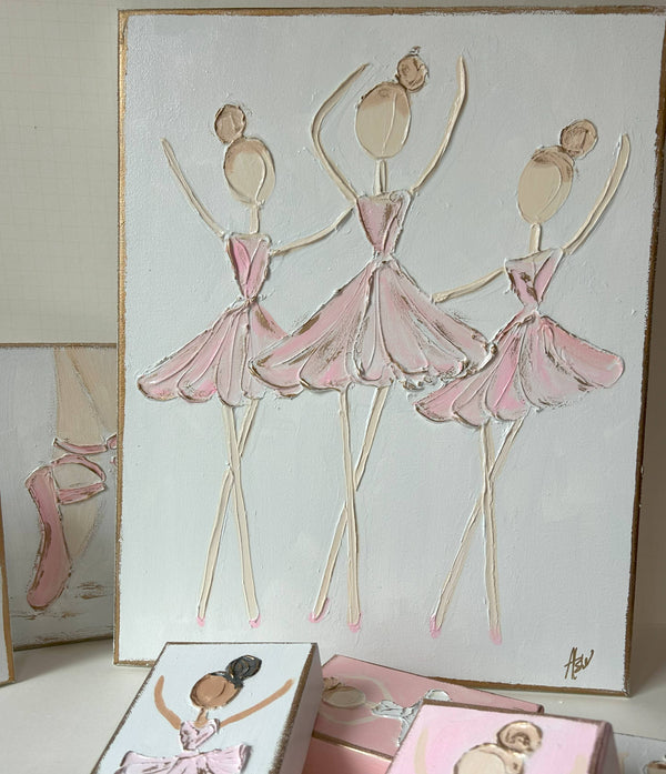 Ballerina Trio | canvas art recital dance ballet nutcracker: White back & pink dress / 16x20-inch standard profile canvas / Light skin & lt. brown hair