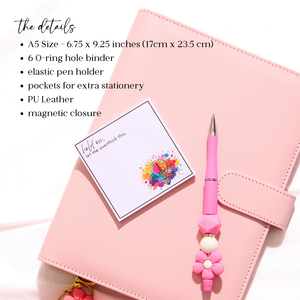 A5 Binder: 6 Hole with Elastic Pen Holder & Magnetic Closure: Yellow
