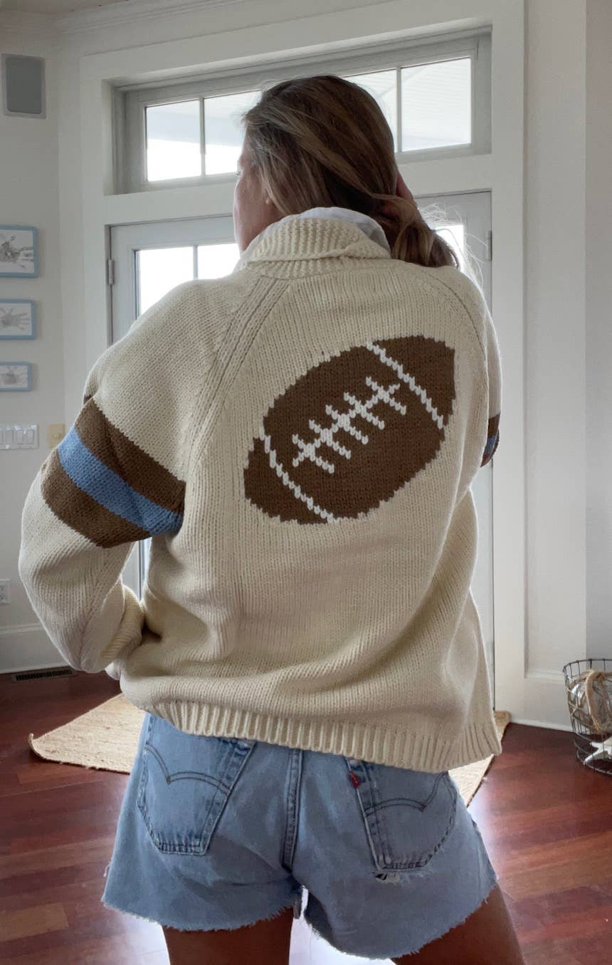 Football Varsity Cardigan In Ivory with Tan/Blue Stripe: