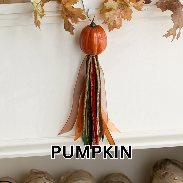 Seasonal Ceramic Ornament with Decorative Ribbon Streamer: Pumpkin