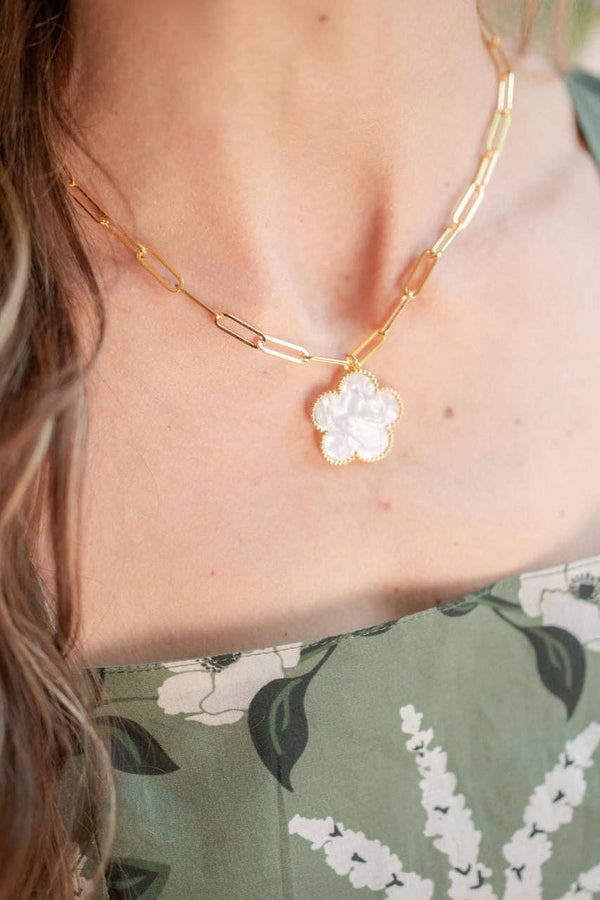Clover  - Gold & Pearl Paperclip Charm Necklace - 18k Gold Plated - WS
