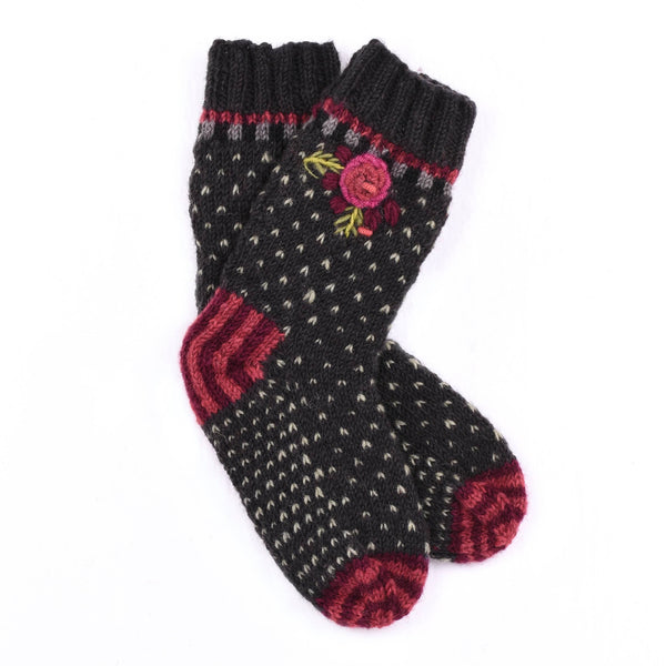 Aubrey Wool Socks Hand Knit With Embroidered Floral Detail: Begonia