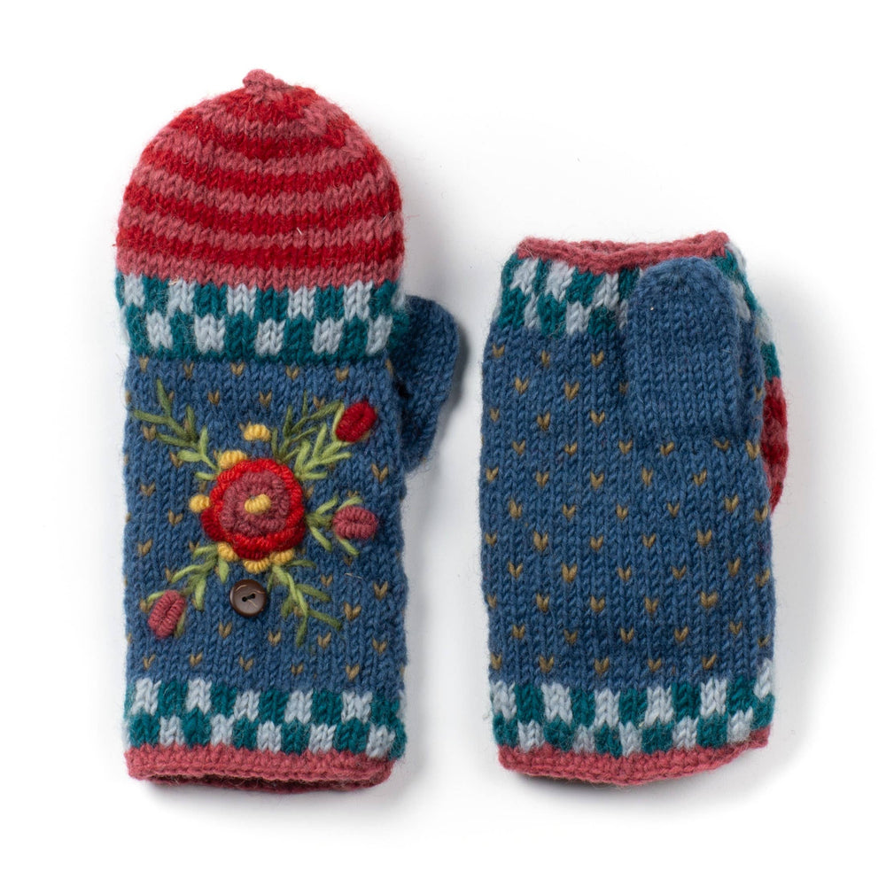 Aubrey Floral Embroidered Wool Flip Mittens | Handwarmer: Denim
