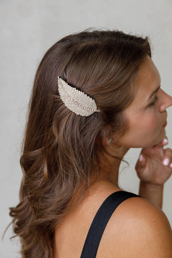 FEATHER CRYSTAL FRENCH BARRETTE: Gold
