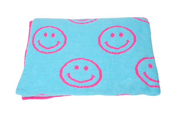Smiley Face & Lightning Plush Throw Blankets Christmas Smiley Face Neon Fuchsia & New Sky Blue
