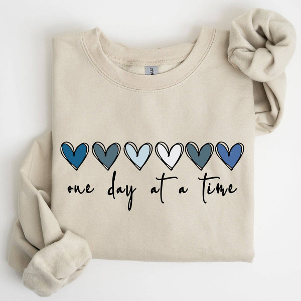 One Day At A Time, Mental Health,Wellness, Hearts Sweatshirt: White / Large