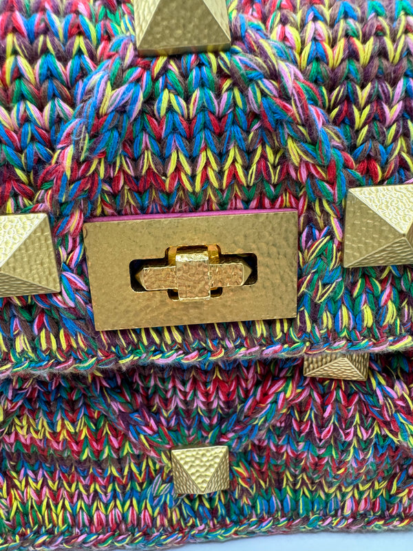 Valentino Wool Knit Multicolour Romanstud chain bag GHW