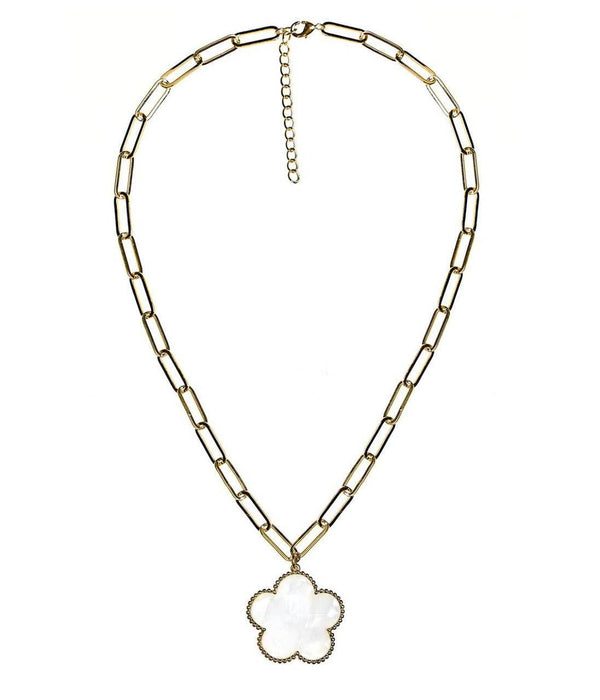 Clover  - Gold & Pearl Paperclip Charm Necklace - 18k Gold Plated - WS