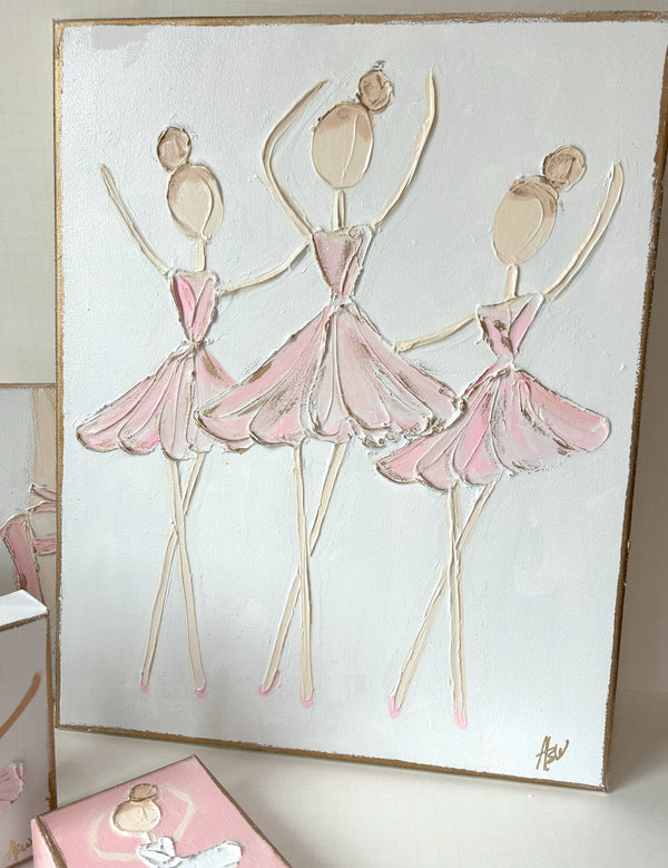 Ballerina Trio | canvas art recital dance ballet nutcracker: White back & pink dress / 16x20-inch standard profile canvas / Light skin & lt. brown hair