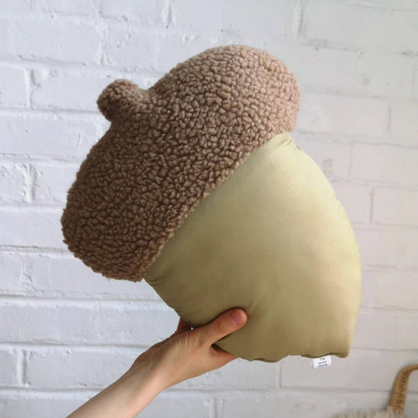 Green Acorn-shaped pillow | Woodland plush pillow: Olive green