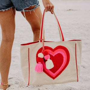 Beating Heart Chenille Beach Bag Tote: Beige Canvas
