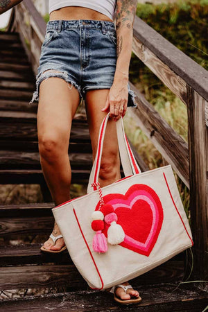 Beating Heart Chenille Beach Bag Tote: Beige Canvas