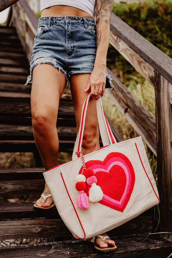 Beating Heart Chenille Beach Bag Tote: Beige Canvas