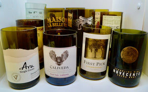 Upright wine vessels with labels
