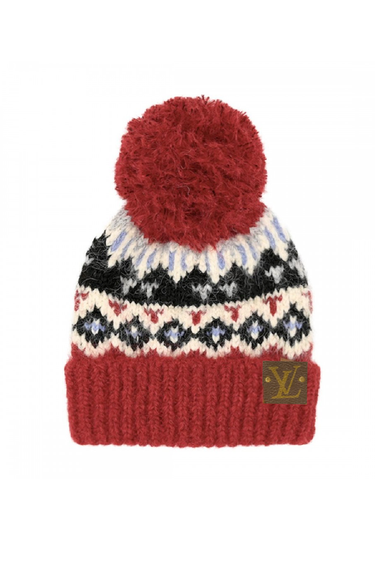 Upcycled Wool Blend Geometric Beanie: Burgundy with Authentic Louis Vuitton patch