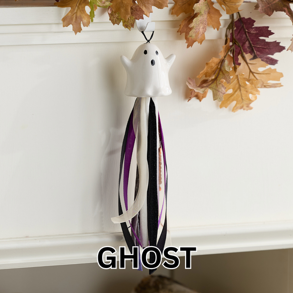 Seasonal Ceramic Ornament with Decorative Ribbon Streamer: Pumpkin