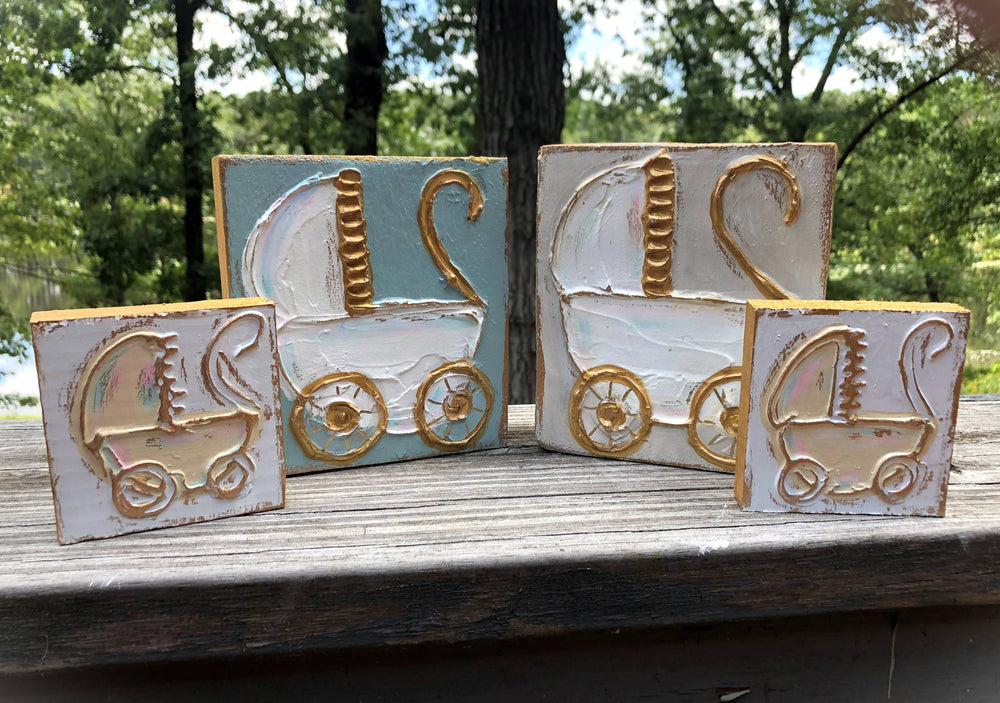 Baby Carriage handmade textured wood block: VARIETY PACK: cream or blue (6x6)