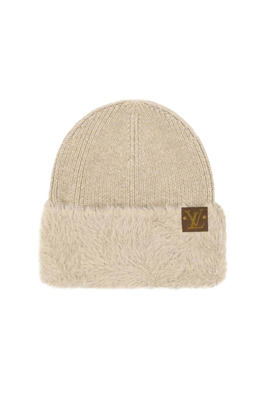 Upcycled Faux Fur Cuff Beanie: Beige