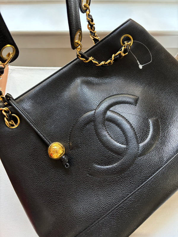 Chanel Vintage CC Ball Charm Shoulder Tote in Black Caviar with 24k Gold Hardware