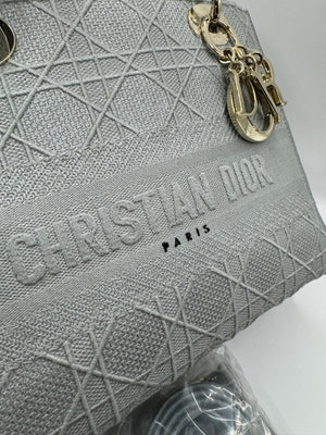 Dior Lady Dior Grey Embroidered Cannage Canvas Medium Bag - hard to find