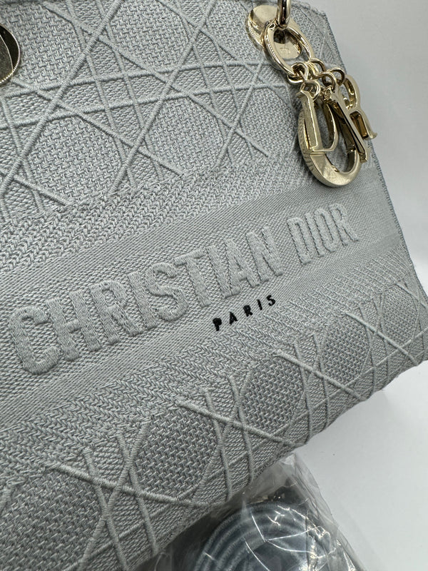 Dior Lady Dior Grey Embroidered Cannage Canvas Medium Bag - hard to find