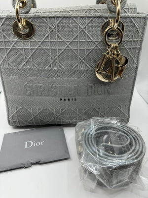 Dior Lady Dior Grey Embroidered Cannage Canvas Medium Bag - hard to find