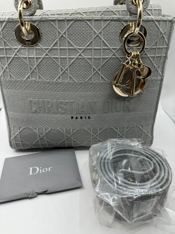 Dior Lady Dior Grey Embroidered Cannage Canvas Medium Bag - hard to find