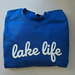 Puff Print Lake Life Sweatshirt Crewneck Cottage Camping : Light Blue / Large