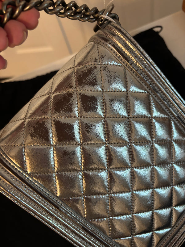 Chanel Boy Bag North-South Flap – Silver Metallic Quilted Leather with Ruthenium Hardware