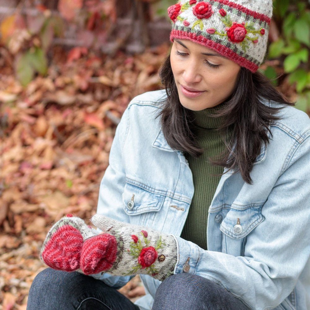 Aubrey Floral Embroidered Wool Flip Mittens | Handwarmer: Denim