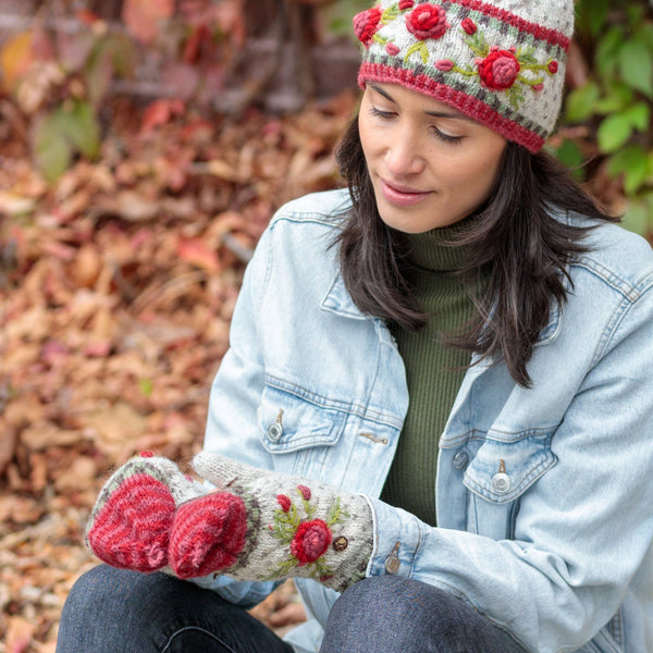 Aubrey Floral Embroidered Wool Flip Mittens | Handwarmer: Denim