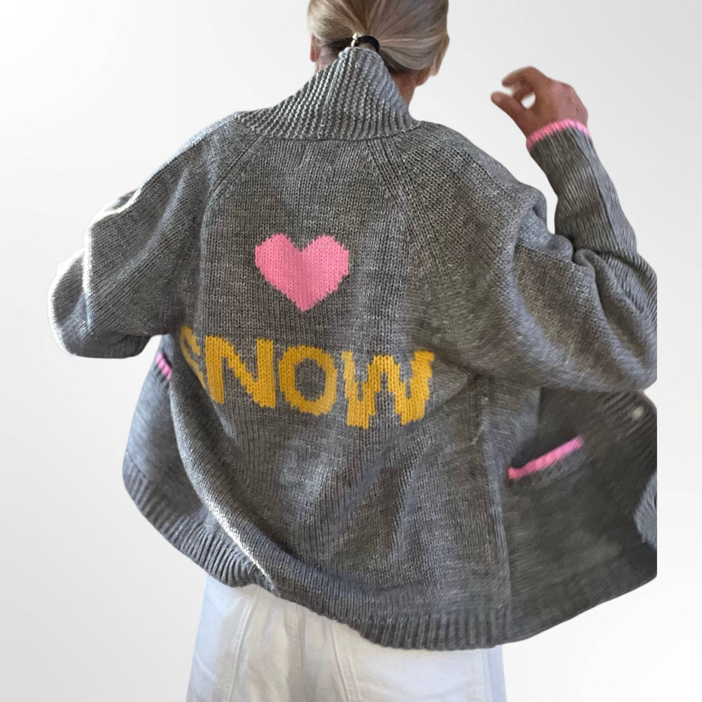 Heart Snow Varsity Cardigan in Gray/Yellow/Pink: M/L