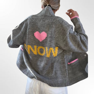 Heart Snow Varsity Cardigan in Gray/Yellow/Pink: M/L