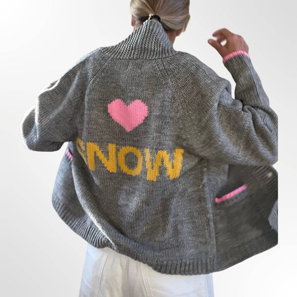 Heart Snow Varsity Cardigan in Gray/Yellow/Pink: M/L