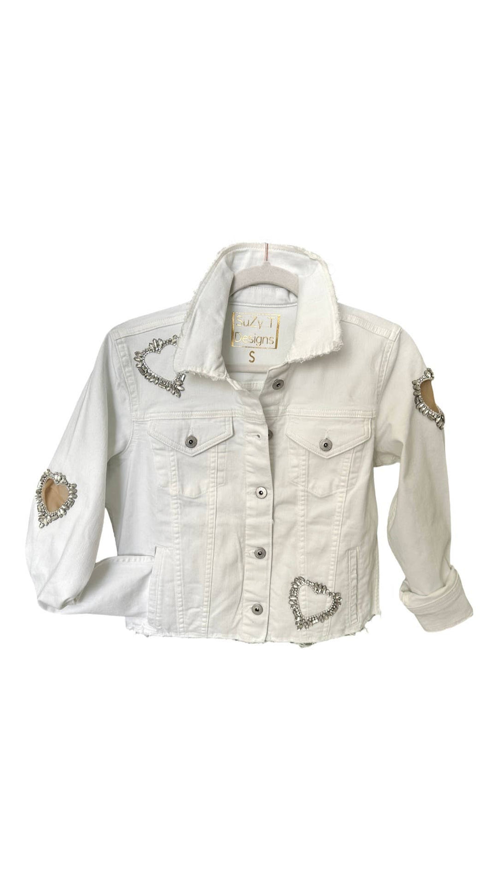 Stunning Jean Jacket with cut out Crystal Hearts: White denim / Medium