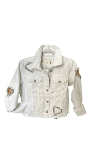 Stunning Jean Jacket with cut out Crystal Hearts: White denim / Medium