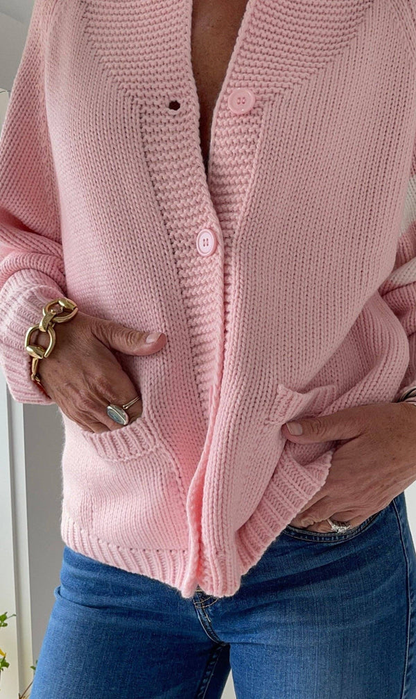 Varsity Heart Cardigan in Pink/White: XS/S
