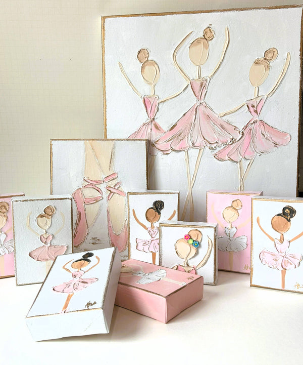 Ballerina Trio | canvas art recital dance ballet nutcracker: White back & pink dress / 16x20-inch standard profile canvas / Light skin & lt. brown hair