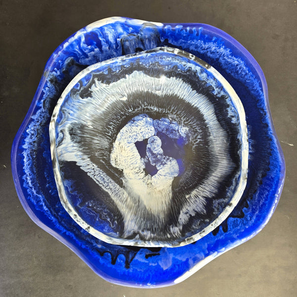 Large Wavy 2 Bowls Set - Matte Finish Hand Poured Resin: Indigo