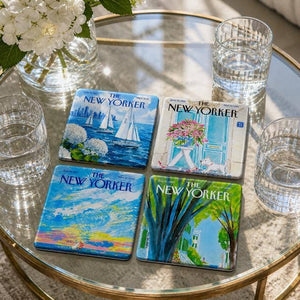 The Tray Girl Glass Coaster Set of 4 -New Yorker and Mr & Mrs - Choose your style