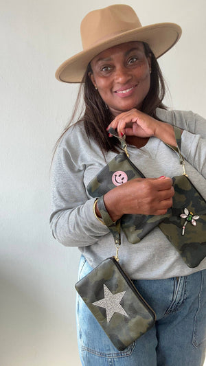 Trendy Camo Leather Wristlet with Patches: Star