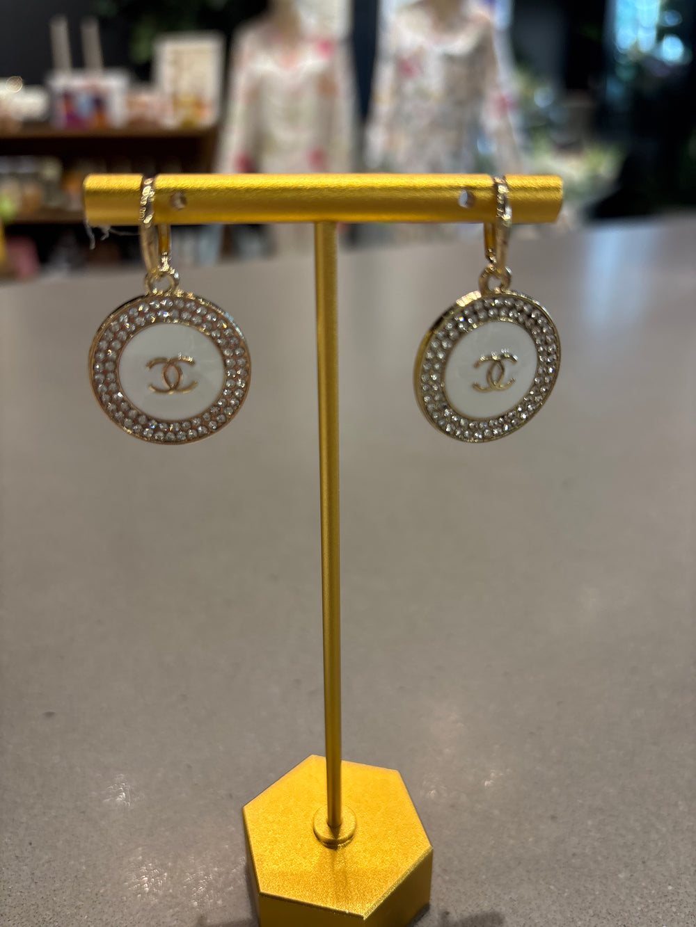 Chanel Upcycled gold rhinestone CC white hoop earrings