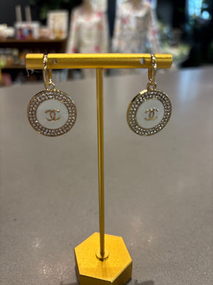 Chanel Upcycled gold rhinestone CC white hoop earrings
