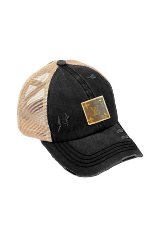 LV Up-Cycled Distressed Trucker Cap: Black
