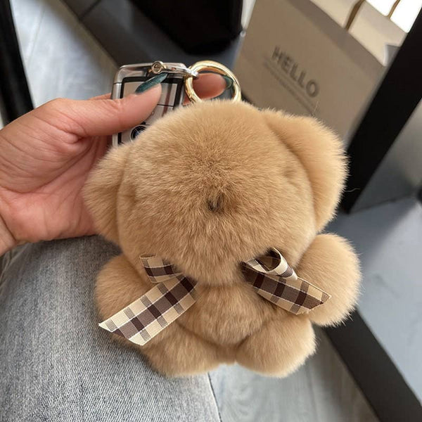 Real Fur Teddy Bear Bag Charm Keychain For Car Keys: Pink or White