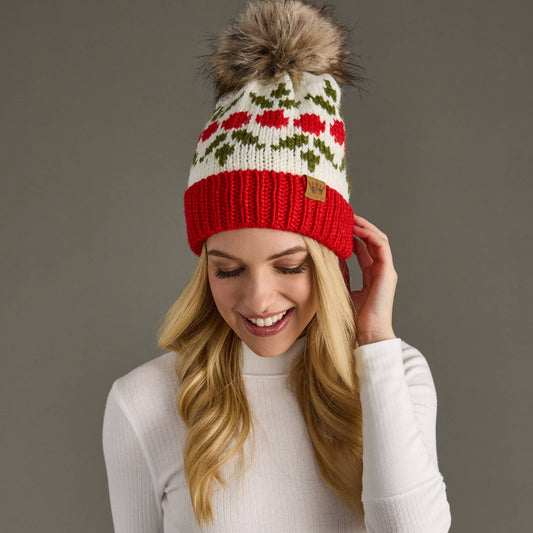 Ivory & Red Holly Patterned Pom Hat