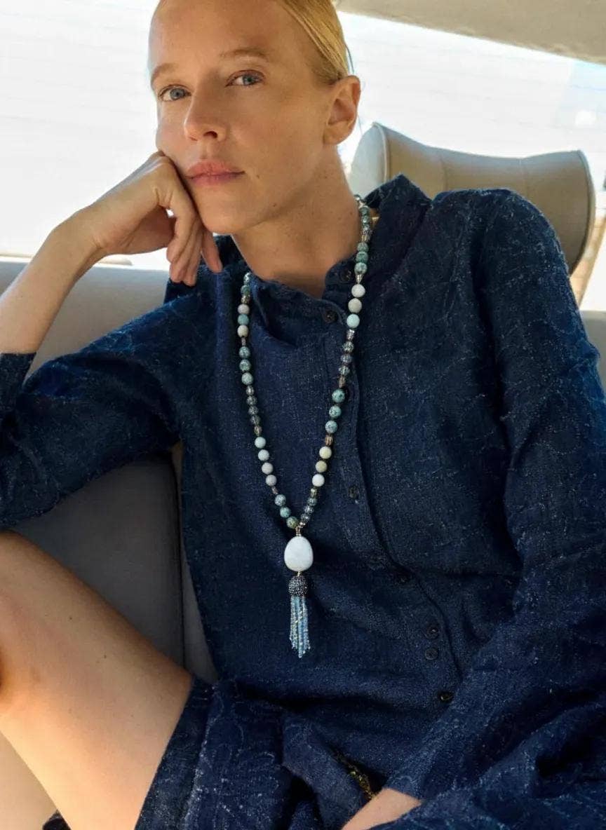 Mala Genuine Gemstone Lariat Tassel Necklace: Amazonite
